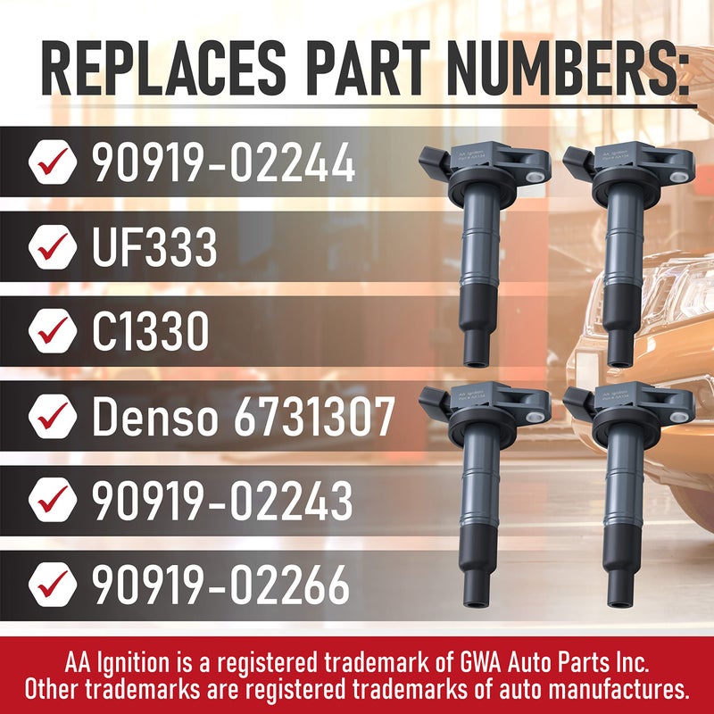 AA Ignition Ignition Coil Pack Set of 4 - Compatible with Toyota, Scion & Lexus Vehicles - Camry, Corolla, Solara, tC, xB, HS250h and more 2.0L, 2.4L models- Replaces 90919-02244, UF333 - Year Models 2001-2012 - Image 3